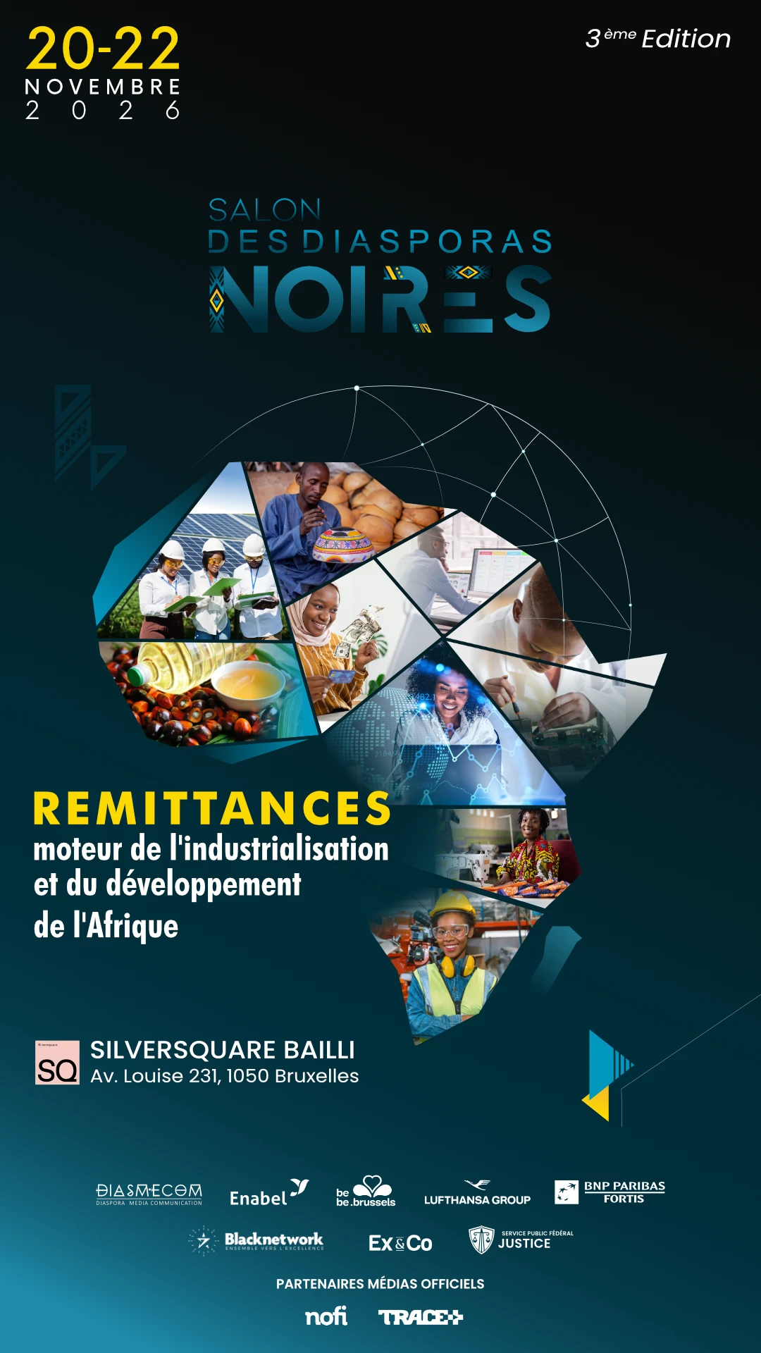 Affiche du Salon des Diasporas Noires, 3e édition, du 20 au 22 novembre 2026 à Silversquare Bailli, avenue Louise 231, Bruxelles. Thème : les remittances, moteur de l'industrialisation et du développement de l'Afrique.